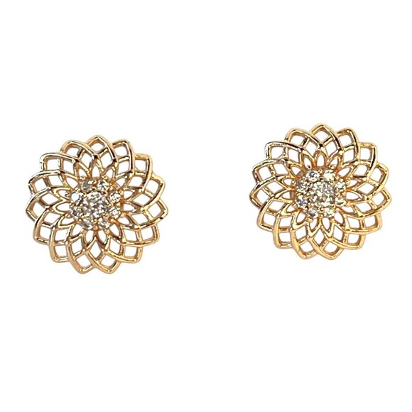 Floral Gold Tone Stud Earrings White Center Stones Modern Stud Minimalist Office - Picture 2 of 5